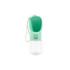 A drink bottle in mint green and clear plastic, featuring a built-in bowl and a loop for easy carrying.