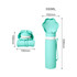 A drink bottle in teal with a collapsible flower-shaped bowl, featuring a logo and dimensions displayed alongside it.
