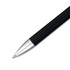 A black gel ink pen with a silver tip and a sleek design, featuring a branding logo.