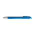 A blue gel ink pen with a silver tip and a sleek design, featuring a logo on its body.