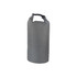 A grey Oxford cloth dry bag with a clasped handle at the top, featuring a textured surface.