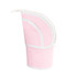 A pink expandable pencil case with a white zipper and curved design. It has a logo on its surface.