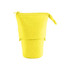 A bright yellow canvas expandable pencil case with a zip closure and drawstring features. Contains a logo.