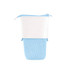 A light blue and white expandable pencil case with a zip closure and decorative details. It features a logo.