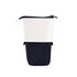 An expandable pencil case in navy and white, featuring a sleek design and a zippered top. It includes branding.