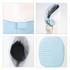 A pencil case in white and light blue with a zip closure and interior view showcasing black lining. Features a logo.