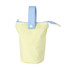 A foldable pencil case in pale yellow with a blue handle, featuring a zip closure and a button tab.