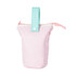 A foldable pencil case with a handle, featuring pink and mint colours, and a zip closure. Has a logo.