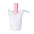 A foldable pencil case in white with a pink handle and blue zipper, featuring a logo.