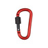A red D-shaped screw lock keychain with a black locking mechanism. It has a smooth, shiny finish and a sleek design.
