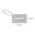 A brushed aluminium luggage tag in silver with a plane silhouette cut-out. Features a metal attachment cable.