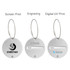A set of three round wire cable luggage tags in silver, featuring different printing options and a space for names.