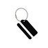 A square brushed aluminium luggage tag in black with a silver stripe and a metal cable attachment. Features a logo.