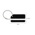 A square brushed aluminium luggage tag in black, featuring a wire loop and white areas for personal information.
