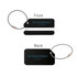 A square brushed aluminium luggage tag in black, featuring a logo, with a wire loop for attachment.
