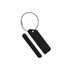 A black square aluminium luggage tag with a wire loop for attachment and a space for a name.