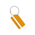 A square aluminium luggage tag in yellow, featuring a white section for personal details and a metal attachment.