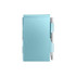 A light blue aluminium pocket notebook with a silver pen attached, featuring a sleek design and a logo.