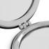 A silver compact mirror featuring a polished finish, showing two mirrored surfaces inside. It has a hinge for easy opening.
