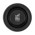 A black pet bowl with a circular design and a central logo featuring a dog.