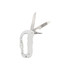 A multifunctional silver carabiner featuring a knife blade, a saw blade, and a bottle opener. It has a logo.