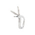 A multifunctional carabiner in silver with a knife blade, serrated edge, and bottle opener features.