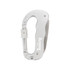 A silver multifunctional carabiner with a textured grip and a locking mechanism, featuring a logo.