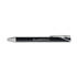 A black gel ink pen with a silver clip, featuring a branding logo on the barrel.