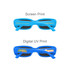 Vintage rectangle sunglasses with blue frames, featuring different printed designs on the sides.