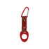A drink bottle holder featuring a red carabiner clip and a brown strap, with a circular opening for the bottle.