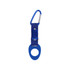 A drink bottle holder with a blue rubber grip, attached to a blue carabiner clip. Includes a small logo.