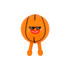An orange squishy ball designed like a basketball, featuring feet and a smiling face with sunglasses.