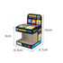 A display box for a squishy stress relief cube, featuring bright colours and a logo. Dimensions are shown on the sides.