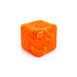 A colourful, swirled orange cube with vibrant yellow accents, featuring a smooth, squishy texture and a logo.