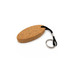 An oval cork keyring with a black cord and metal keyring attachment. The cork has a natural texture.