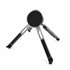 A silver and black device stand with three adjustable legs, featuring a flat circular top and a sleek design.
