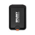 A black Cozy Phone Wallet with a logo, featuring a secure closure and a contrasting orange accent.
