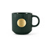 A dark green ceramic mug featuring a ribbed texture and a bronze medal emblem on the front.