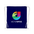A navy drawstring cotton bag featuring a colourful logo on the front. The bag has white drawstrings.
