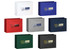 A collection of landscape tote bags in white, blue, red, green, black, and other colours with handles and logos.