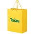 A yellow laminated bag with handles and a logo. It's an extra large size, suitable for paper bag use.