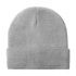 Acrylic rollup beanie hat in light grey with a ribbed texture and a foldable cuff. Includes a logo.