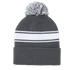 A grey beanie hat with a white striped design and a fluffy pom pom on top. It features a logo on the front.