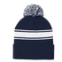 A navy beanie hat with a pom pom and white stripes, featuring a logo on the side.