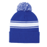 A blue beanie hat with a white stripe and a pom pom on top, featuring a logo.