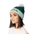 A teal and mint Pom Pom Beanie Hat with a fluffy pom pom at the top, featuring a logo.