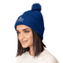 A blue Pom Pom Beanie Hat featuring a knitted design and a decorative pom pom on top, with branding present.
