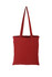 A red tote bag with long handles and a simple design, featuring a logo on the front.