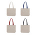 Four canvas tote bags in beige, featuring handles in navy, red, and black, with one bag displaying a logo.