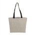 A beige canvas tote bag with black handles. The bag features a logo on one side.